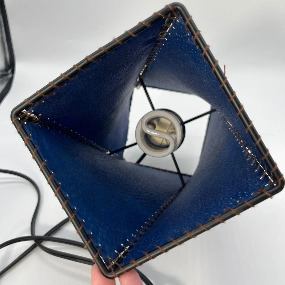 Vtg 90s Y2K Twisted Geometric Table Lamp Blue Rawhide‎ Stitched Shade  Skin Lamp